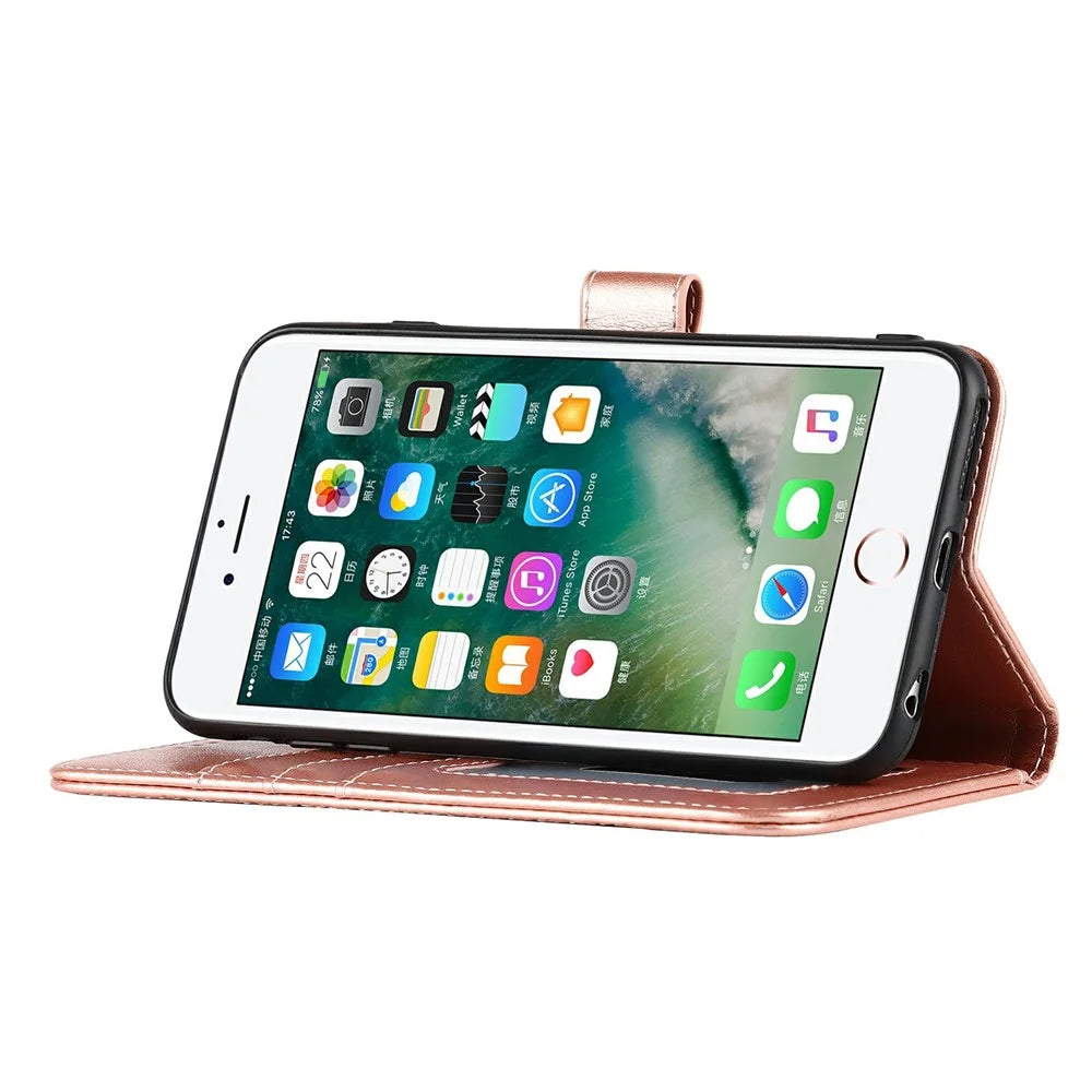 Anti-Collision R61 Texture Felled Seam PU Leather Pattern Imprinting Wallet Mobile Cover Shell for iPhone SE (2022)/SE (2020)/8/7 - Rose Gold - 4