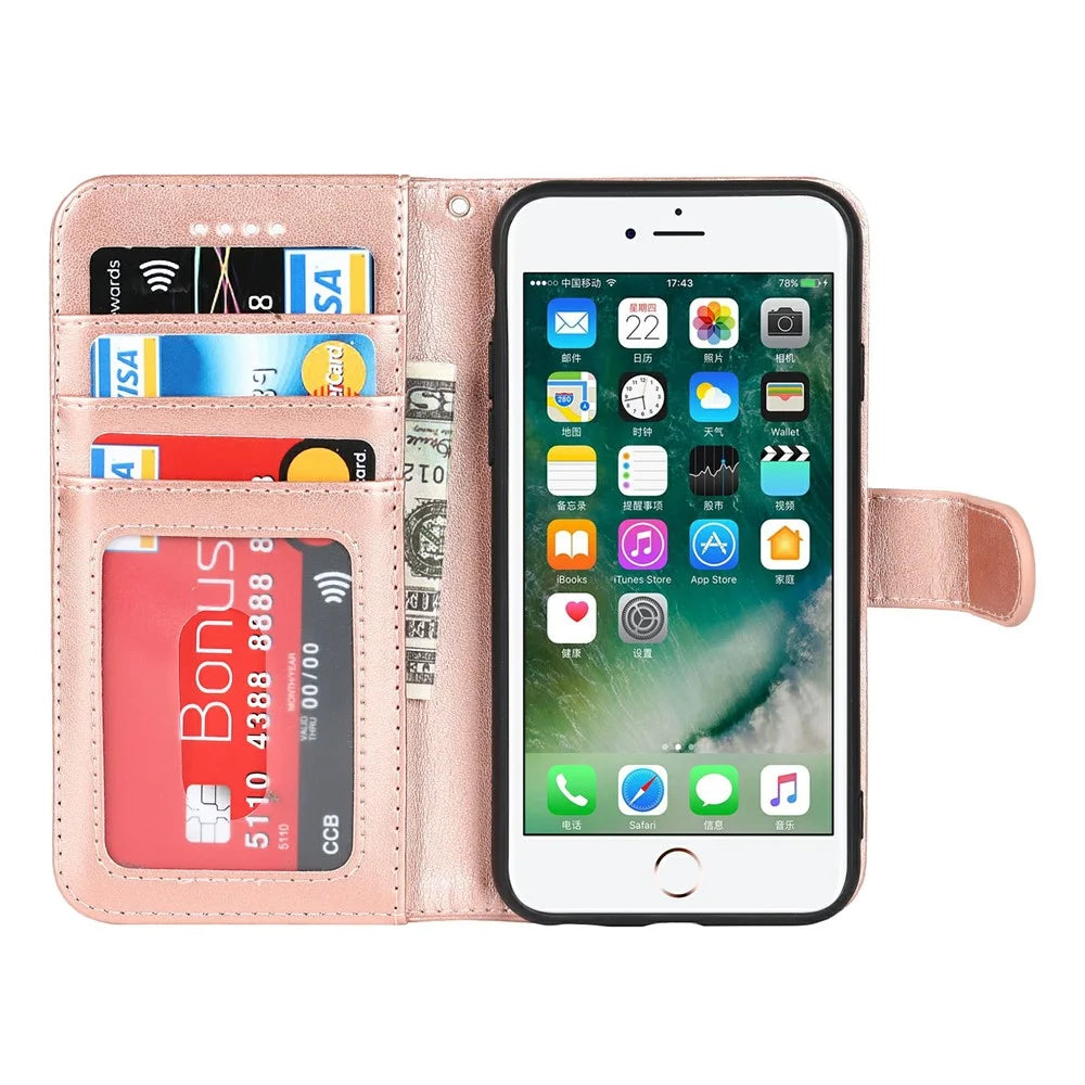 Anti-Collision R61 Texture Felled Seam PU Leather Pattern Imprinting Wallet Mobile Cover Shell for iPhone SE (2022)/SE (2020)/8/7 - Rose Gold - 6