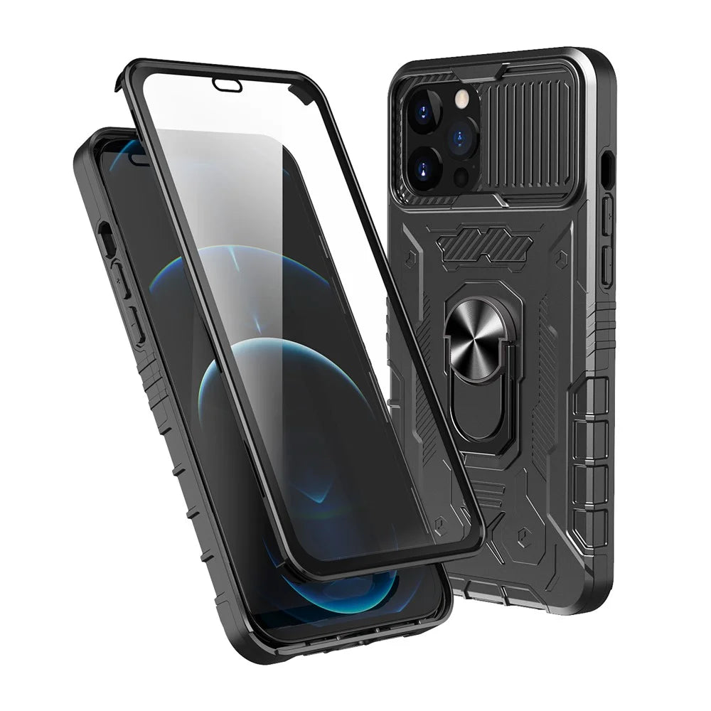 All-round Protection Hard PC + TPU Hybrid Phone Case Cover with Tempered Glass Film Kickstand for iPhone 13 Pro Max 6.7 inch - Black - 1