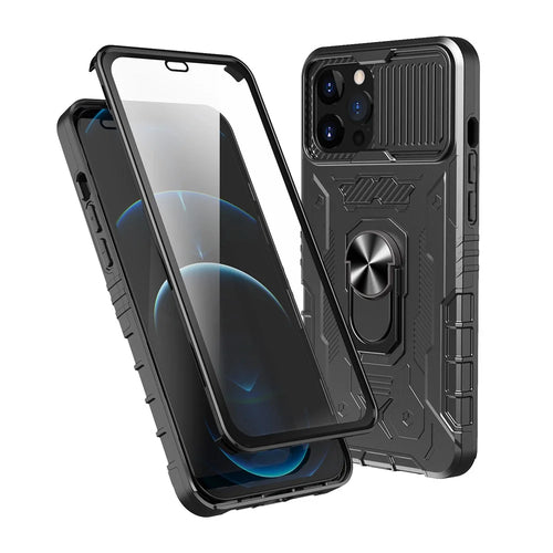 All-round Protection Hard PC + TPU Hybrid Phone Case Cover with Tempered Glass Film Kickstand for iPhone 13 Pro Max 6.7 inch - Black - 1