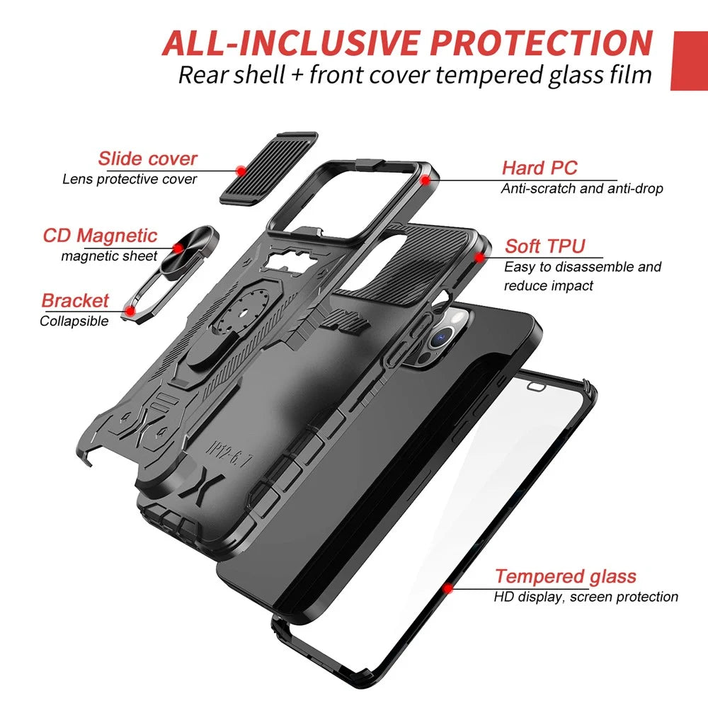 All-round Protection Hard PC + TPU Hybrid Phone Case Cover with Tempered Glass Film Kickstand for iPhone 13 Pro Max 6.7 inch - Black - 7