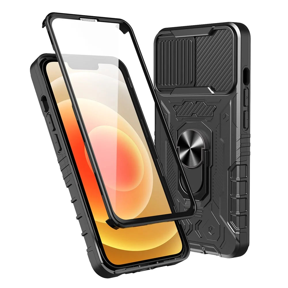 Full Protection Hard PC + TPU Hybrid Phone Case +Tempered Glass Film with Kickstand for iPhone 13 6.1 inch - Black - 1