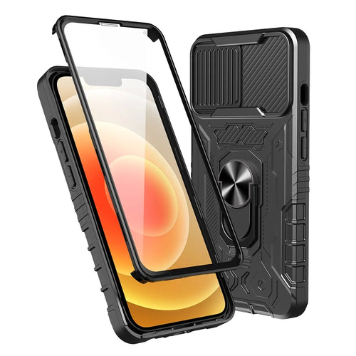 Full Protection Hard PC + TPU Hybrid Phone Case +Tempered Glass Film with Kickstand for iPhone 13 6.1 inch - Black - 1