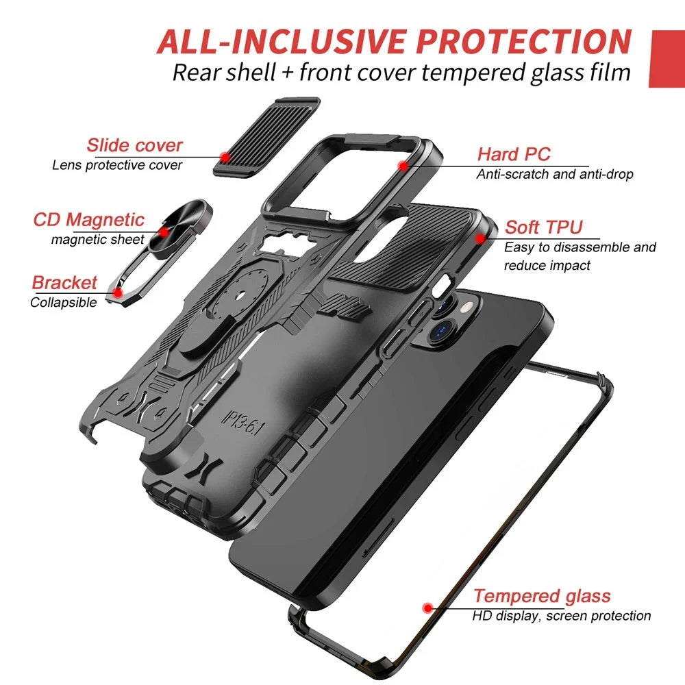 Full Protection Hard PC + TPU Hybrid Phone Case +Tempered Glass Film with Kickstand for iPhone 13 6.1 inch - Black - 5