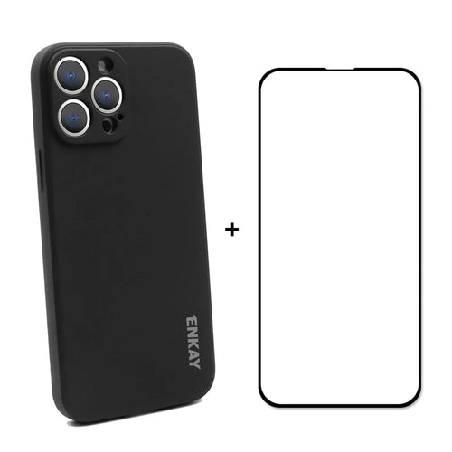 ENKAY HAT PRINCE Scratch-Resistant Liquid Silicone Straight Edging Phone Cover + Full Coverage Tempered Glass Silk Print Full Glue Protector Set for iPhone 13 Pro 6.1 inch - Black - 1