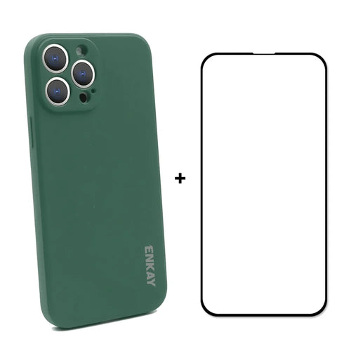 ENKAY HAT PRINCE Smooth Touch Flexible Liquid Silicone Straight Edging Phone Cover + Full Coverage Tempered Glass Silk Print Full Glue Protector Set for iPhone 13 Pro Max 6.7 inch - Dark Green - 1