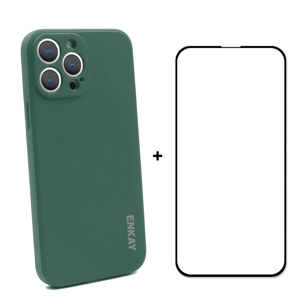 ENKAY HAT PRINCE Smooth Touch Flexible Liquid Silicone Straight Edging Phone Cover + Full Coverage Tempered Glass Silk Print Full Glue Protector Set for iPhone 13 Pro Max 6.7 inch - Dark Green - 1
