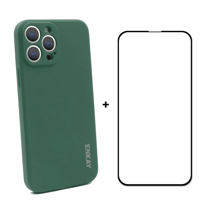 ENKAY HAT PRINCE Smooth Touch Flexible Liquid Silicone Straight Edging Phone Cover + Full Coverage Tempered Glass Silk Print Full Glue Protector Set for iPhone 13 Pro Max 6.7 inch - Dark Green - 1