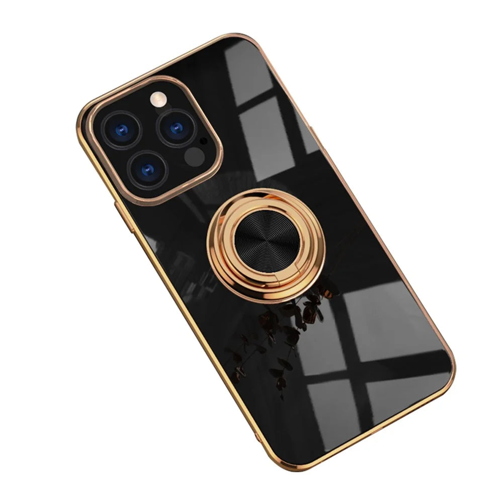 Electroplating Frame Mirror Surface TPU Phone Case Protector with Kickstand for iPhone 13 Pro Max 6.7 inch - Black - 1