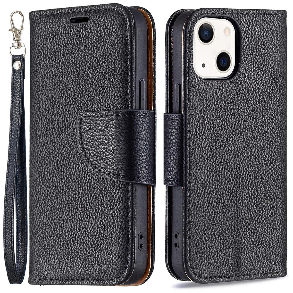 Solid Color Litchi Texture PU Leather Phone Wallet Case Cover with Strap for iPhone 13 6.1 inch - Black - 1