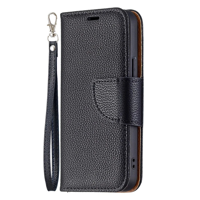 Solid Color Litchi Texture PU Leather Phone Wallet Case Cover with Strap for iPhone 13 6.1 inch - Black - 4
