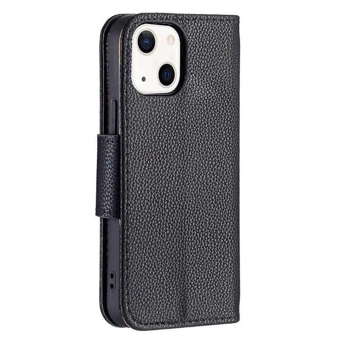 Solid Color Litchi Texture PU Leather Phone Wallet Case Cover with Strap for iPhone 13 6.1 inch - Black - 5