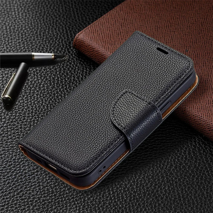 Solid Color Litchi Texture PU Leather Phone Wallet Case Cover with Strap for iPhone 13 6.1 inch - Black - 6