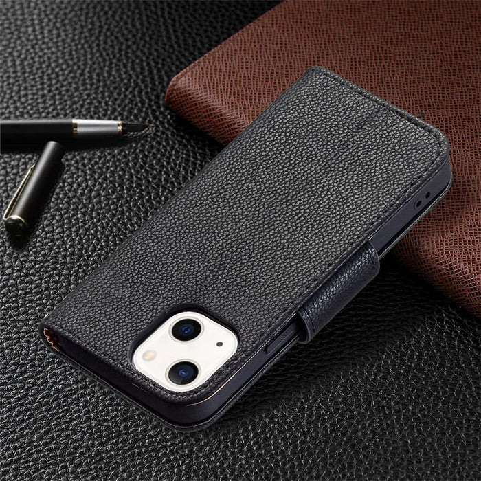Solid Color Litchi Texture PU Leather Phone Wallet Case Cover with Strap for iPhone 13 6.1 inch - Black - 7