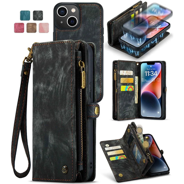 CASEME 008 Series Shock-Absorbed Detachable 2-in-1 Multi-Function TPU + PU Leather Phone Wallet Stand Shell for iPhone 13 6.1 inch - Black - 1
