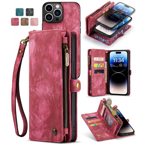 CASEME 008 Series for iPhone 13 Pro 6.1 inch Anti-scratch Phone Wallet Case TPU + PU Leather 2-in-1 Phone Cover Stand - Red - 1