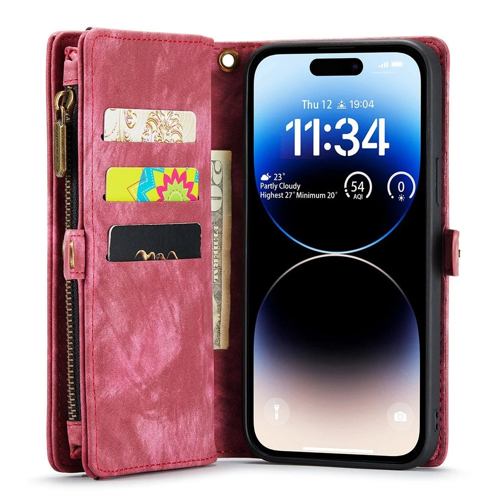 CASEME 008 Series for iPhone 13 Pro 6.1 inch Anti-scratch Phone Wallet Case TPU + PU Leather 2-in-1 Phone Cover Stand - Red - 3