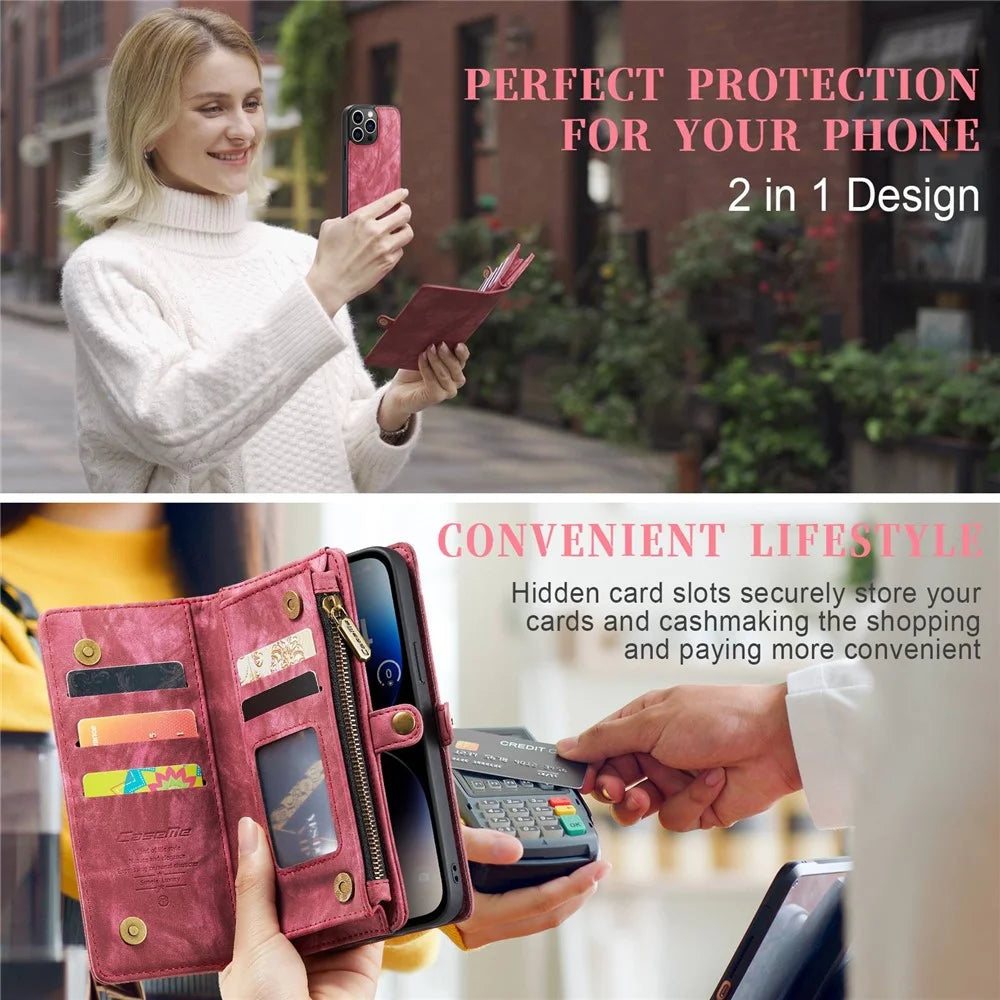 CASEME 008 Series for iPhone 13 Pro 6.1 inch Anti-scratch Phone Wallet Case TPU + PU Leather 2-in-1 Phone Cover Stand - Red - 6