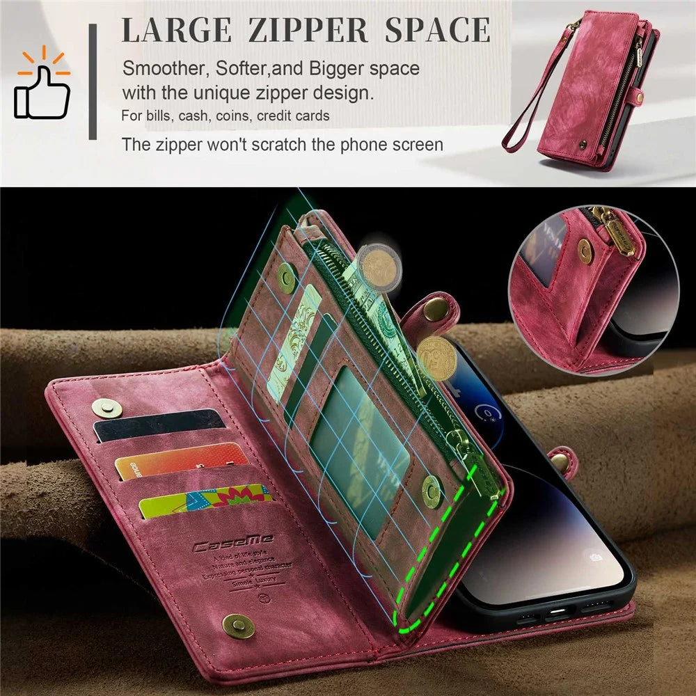 CASEME 008 Series for iPhone 13 Pro 6.1 inch Anti-scratch Phone Wallet Case TPU + PU Leather 2-in-1 Phone Cover Stand - Red - 7