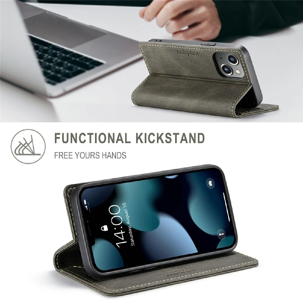 AUTSPACE A01 Series Premium Retro Matte PU Leather Wallet Flip Stand Cover with RFID Blocking Function for iPhone 13 mini 5.4 inch - Brown - 2