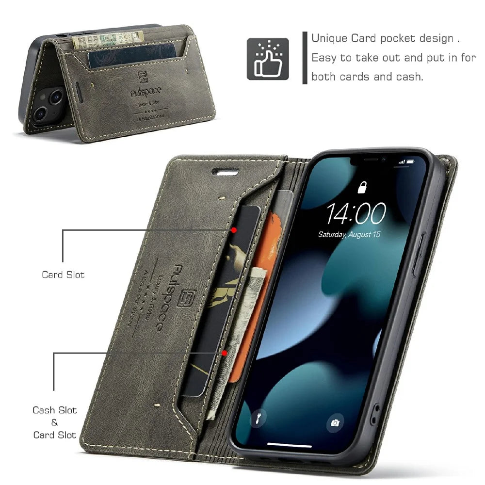 AUTSPACE A01 Series Premium Retro Matte PU Leather Wallet Flip Stand Cover with RFID Blocking Function for iPhone 13 mini 5.4 inch - Brown - 3