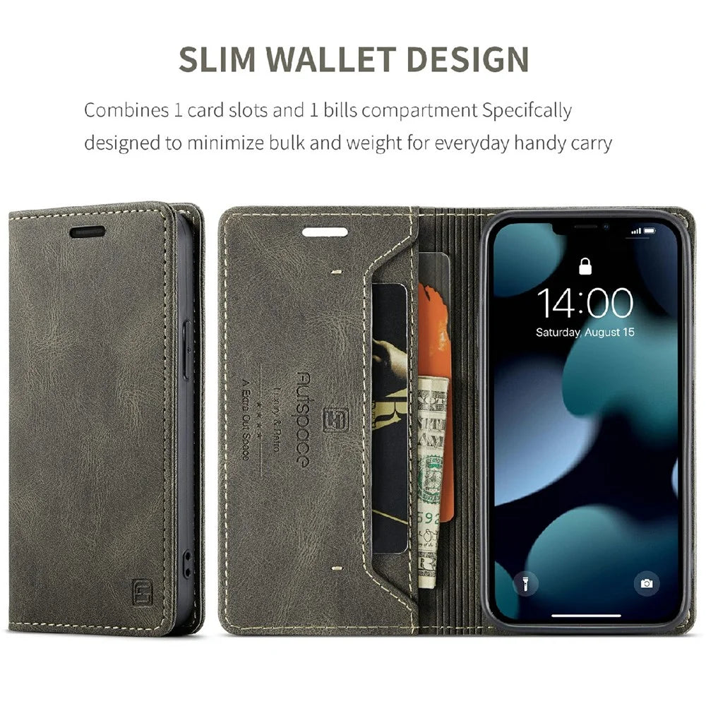 AUTSPACE A01 Series Premium Retro Matte PU Leather Wallet Flip Stand Cover with RFID Blocking Function for iPhone 13 mini 5.4 inch - Brown - 4