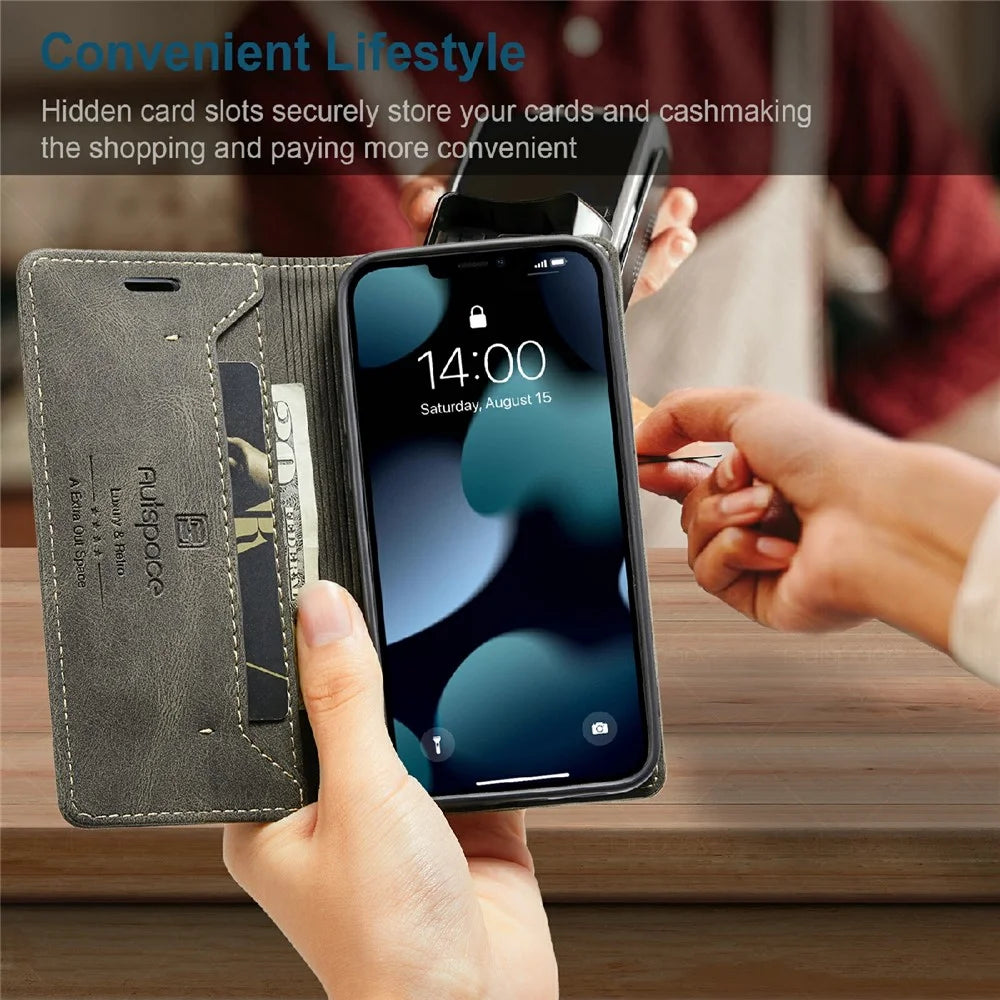 AUTSPACE A01 Series Premium Retro Matte PU Leather Wallet Flip Stand Cover with RFID Blocking Function for iPhone 13 mini 5.4 inch - Brown - 5