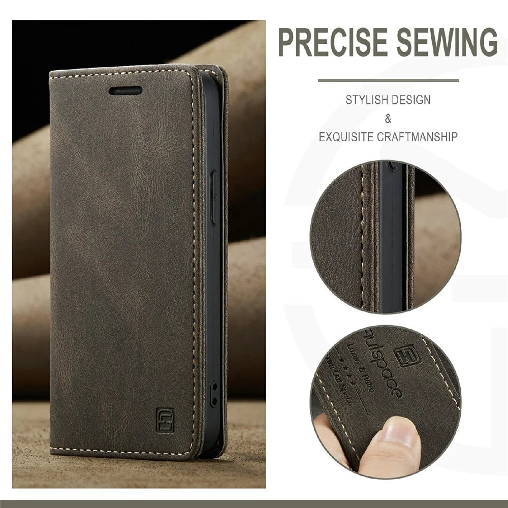 AUTSPACE A01 Series Premium Retro Matte PU Leather Wallet Flip Stand Cover with RFID Blocking Function for iPhone 13 mini 5.4 inch - Brown - 7