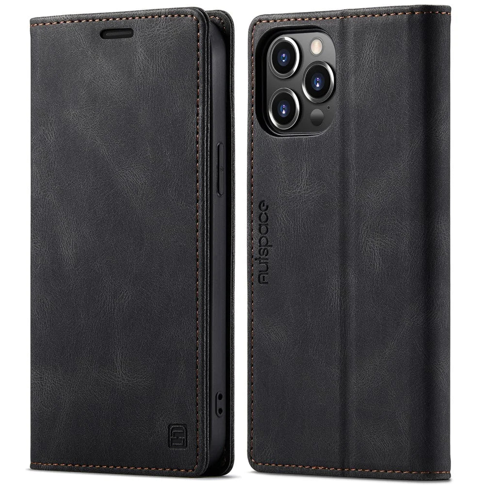 AUTSPACE A01 Series Retro Matte Leather Wallet Case with RFID Blocking Stand Flip Magnetic Cover for iPhone 13 Pro Max 6.7 inch - Black - 1