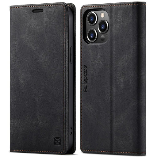 AUTSPACE A01 Series Retro Matte Leather Wallet Case with RFID Blocking Stand Flip Magnetic Cover for iPhone 13 Pro Max 6.7 inch - Black - 1