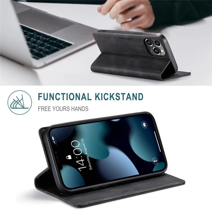 AUTSPACE A01 Series Retro Matte Leather Wallet Case with RFID Blocking Stand Flip Magnetic Cover for iPhone 13 Pro Max 6.7 inch - Black - 2