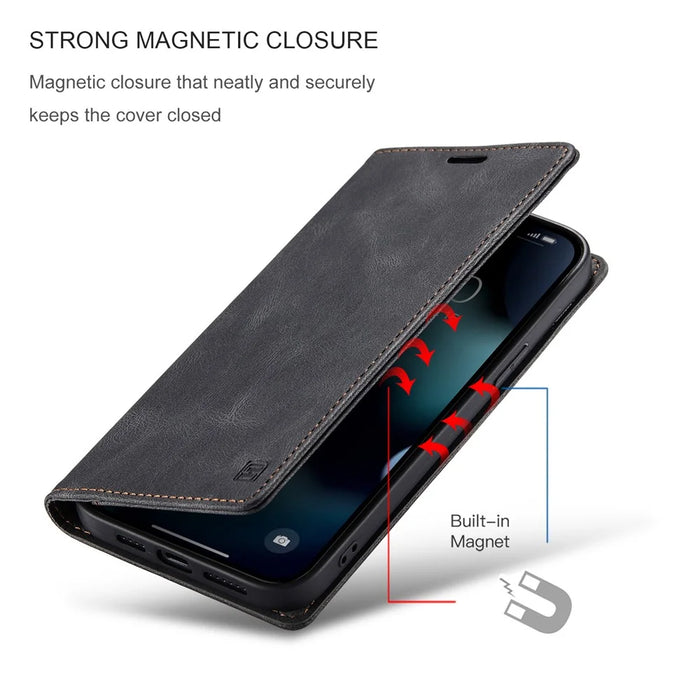 AUTSPACE A01 Series Retro Matte Leather Wallet Case with RFID Blocking Stand Flip Magnetic Cover for iPhone 13 Pro Max 6.7 inch - Black - 5