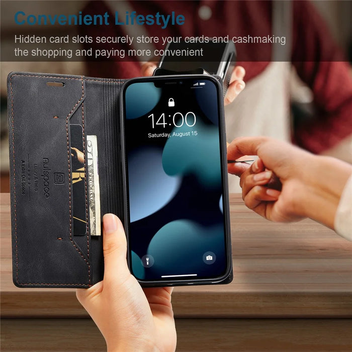AUTSPACE A01 Series Retro Matte Leather Wallet Case with RFID Blocking Stand Flip Magnetic Cover for iPhone 13 Pro Max 6.7 inch - Black - 6