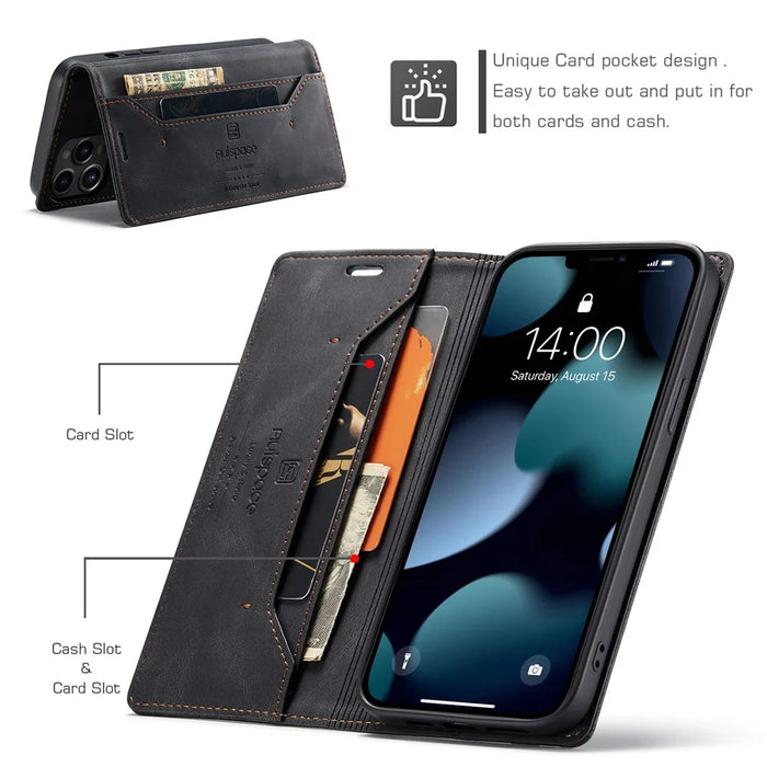 AUTSPACE A01 Series Retro Matte Leather Wallet Case with RFID Blocking Stand Flip Magnetic Cover for iPhone 13 Pro Max 6.7 inch - Black - 7