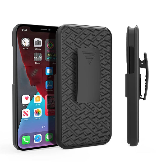 Woven Texture Swivel Belt Clip Kickstand Design Anti-Scratch Shockproof PC + TPU Hybrid Case for iPhone 13 Pro Max 6.7 inch - Black - 1