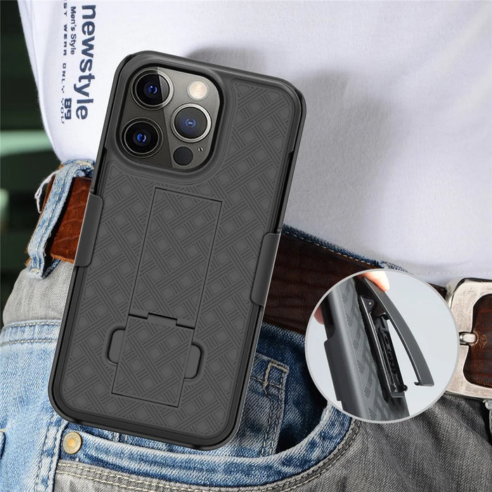 Woven Texture Swivel Belt Clip Kickstand Design Anti-Scratch Shockproof PC + TPU Hybrid Case for iPhone 13 Pro Max 6.7 inch - Black - 2