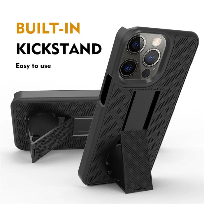 Woven Texture Swivel Belt Clip Kickstand Design Anti-Scratch Shockproof PC + TPU Hybrid Case for iPhone 13 Pro Max 6.7 inch - Black - 3