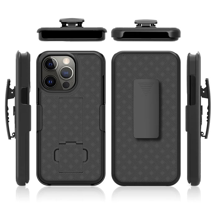 Woven Texture Swivel Belt Clip Kickstand Design Anti-Scratch Shockproof PC + TPU Hybrid Case for iPhone 13 Pro Max 6.7 inch - Black - 6