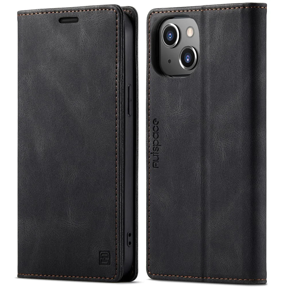 AUTSPACE A01 Series RFID Blocking Retro Matte Auto-absorbed Leather Wallet Stand Phone Cover for iPhone 13 6.1 inch - Black - 1