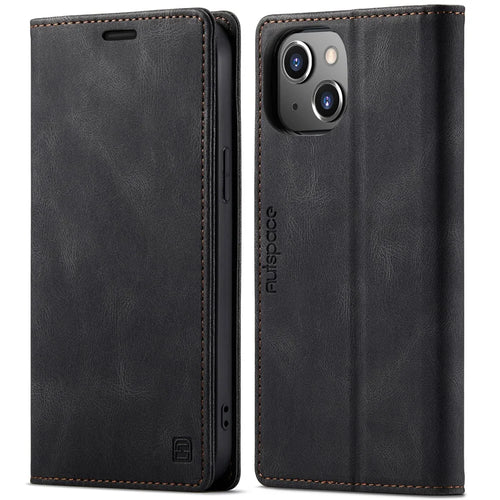 AUTSPACE A01 Series RFID Blocking Retro Matte Auto-absorbed Leather Wallet Stand Phone Cover for iPhone 13 6.1 inch - Black - 1
