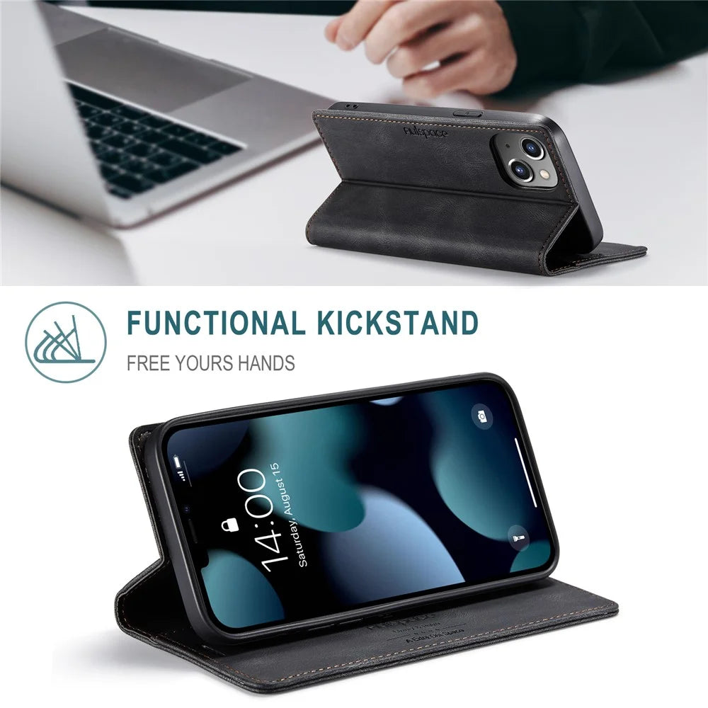 AUTSPACE A01 Series RFID Blocking Retro Matte Auto-absorbed Leather Wallet Stand Phone Cover for iPhone 13 6.1 inch - Black - 2