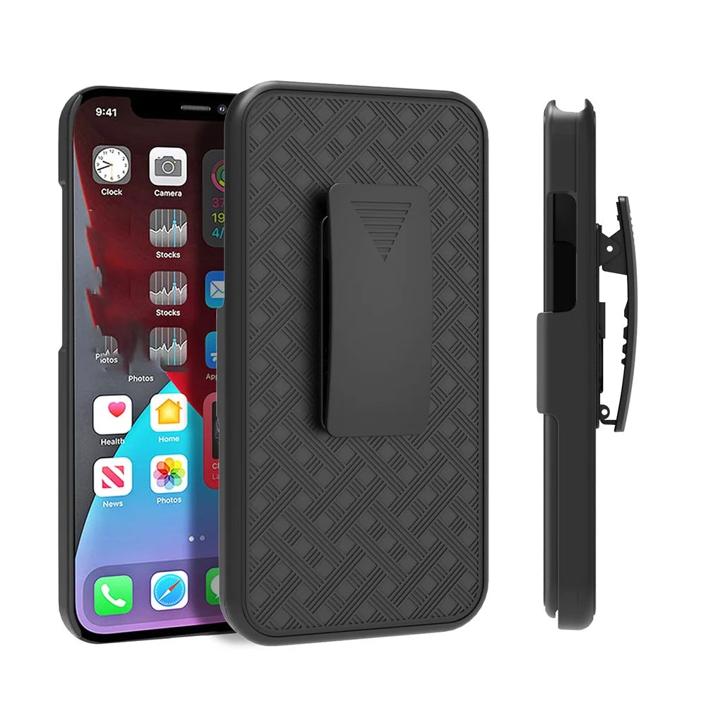 Stylish Woven Texture Scratch-Resistant Swivel Belt Clip Kickstand PC + TPU Hybrid Case for iPhone 13 6.1 inch - Black - 1