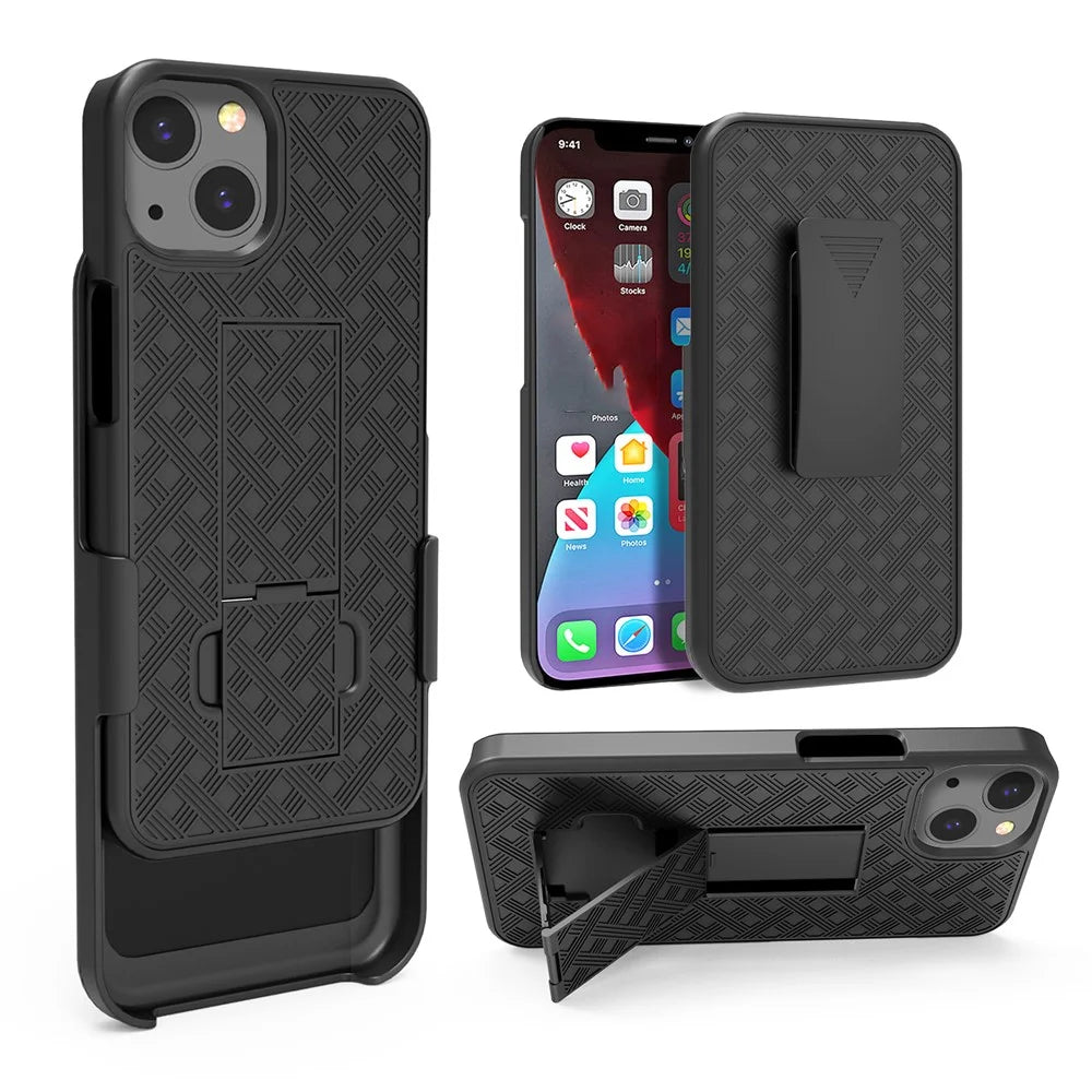 Stylish Woven Texture Scratch-Resistant Swivel Belt Clip Kickstand PC + TPU Hybrid Case for iPhone 13 6.1 inch - Black - 5