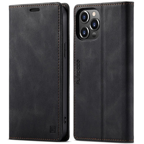 AUTSPACE A01 Series Premium Retro Matte PU Leather Wallet Flip Stand Cover with RFID Blocking Magnetic Closure for iPhone 13 Pro 6.1 inch - Black - 1