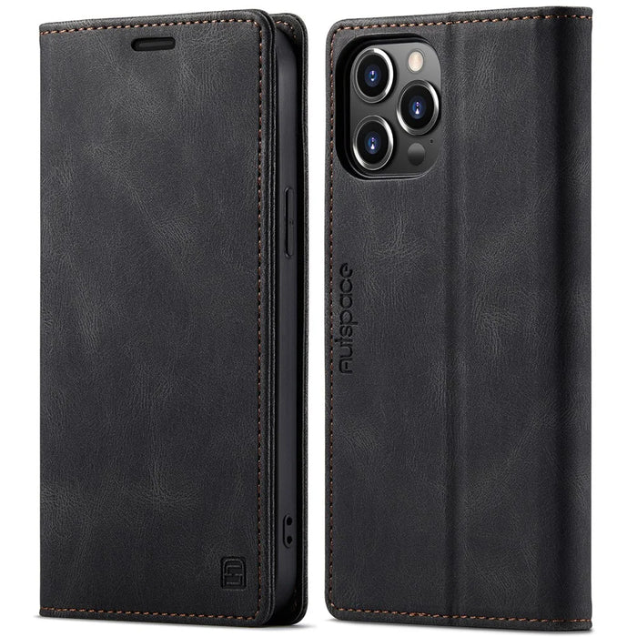 AUTSPACE A01 Series Premium Retro Matte PU Leather Wallet Flip Stand Cover with RFID Blocking Magnetic Closure for iPhone 13 Pro 6.1 inch - Black - 1