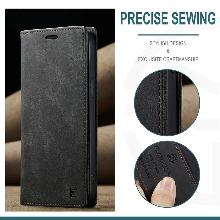 AUTSPACE A01 Series Premium Retro Matte PU Leather Wallet Flip Stand Cover with RFID Blocking Magnetic Closure for iPhone 13 Pro 6.1 inch - Black - 4
