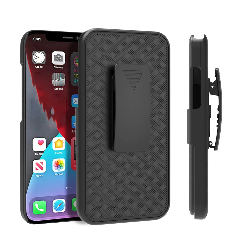 Anti-Drop Light Stylish Woven Texture Swivel Belt Clip Kickstand PC + TPU Hybrid Case for iPhone 13 mini 5.4 inch - Black - 1