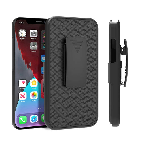 Anti-Drop Light Stylish Woven Texture Swivel Belt Clip Kickstand PC + TPU Hybrid Case for iPhone 13 mini 5.4 inch - Black - 1