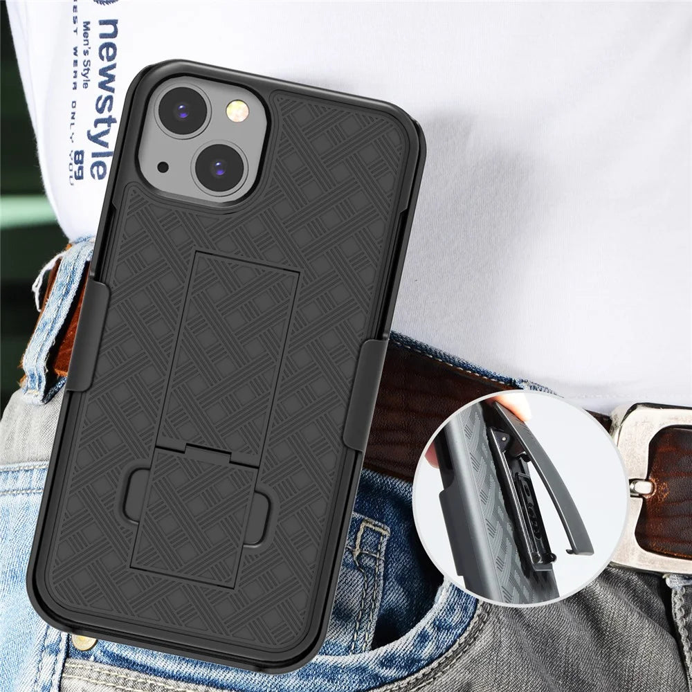 Anti-Drop Light Stylish Woven Texture Swivel Belt Clip Kickstand PC + TPU Hybrid Case for iPhone 13 mini 5.4 inch - Black - 2