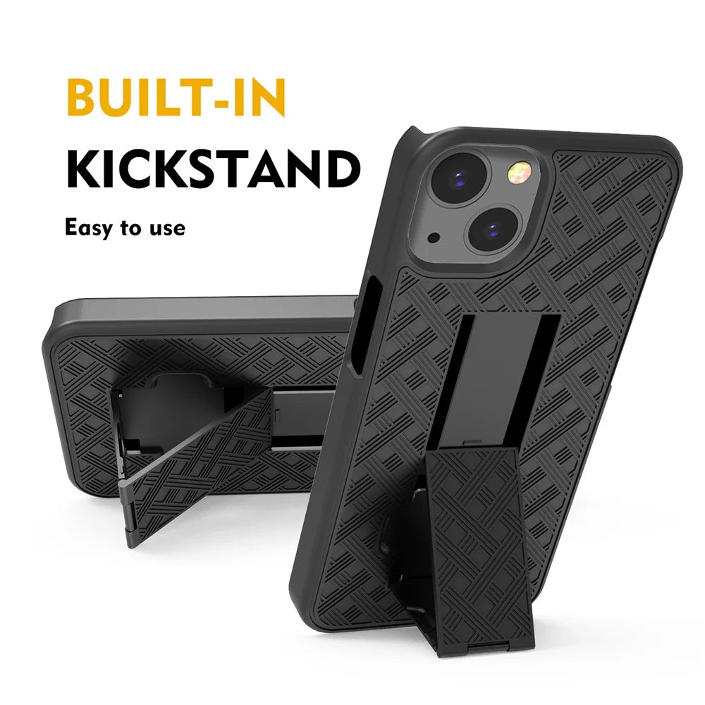 Anti-Drop Light Stylish Woven Texture Swivel Belt Clip Kickstand PC + TPU Hybrid Case for iPhone 13 mini 5.4 inch - Black - 3